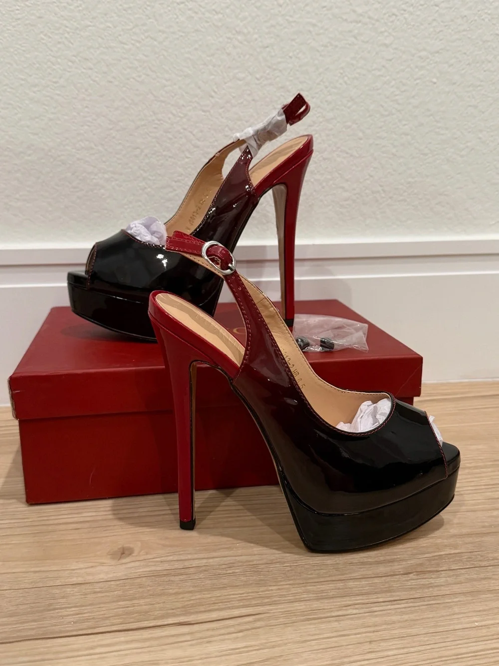 Patent Leather Black and Red Platform Slingback Heels